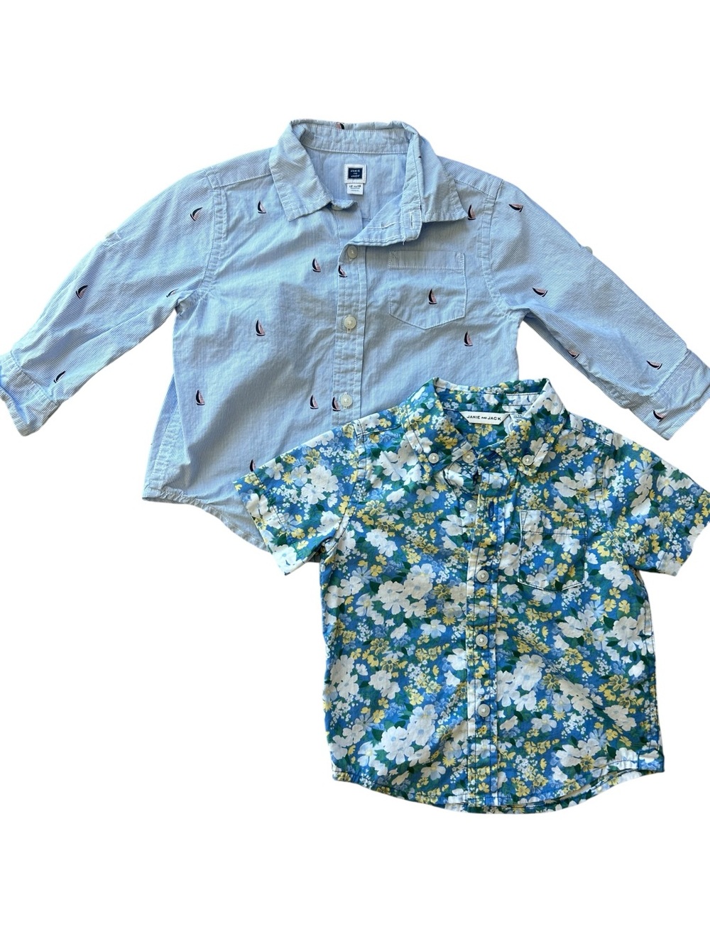 💙Bundle Janie & Jack Infant Boys Poplin Floral & Boat Button Down Shirt 12-18M⛵️